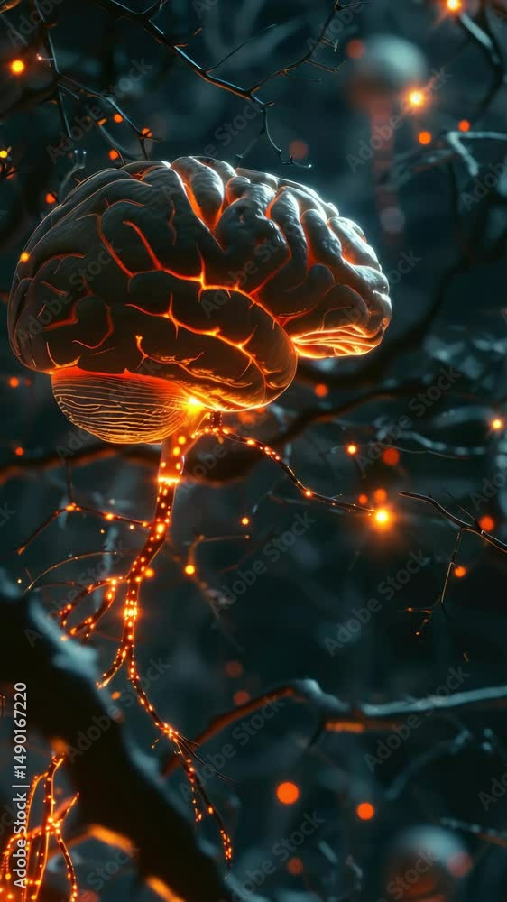 Poster a brain with glowing red lines coming out of it. the brain is surrounded by a dark background with b