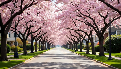 Fototapeta premium Blossom Canopy Street: Springtime Neighborhood Scene