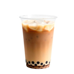 Iced chocolate milk with bubble tea in plastic cup isolated on transparent background