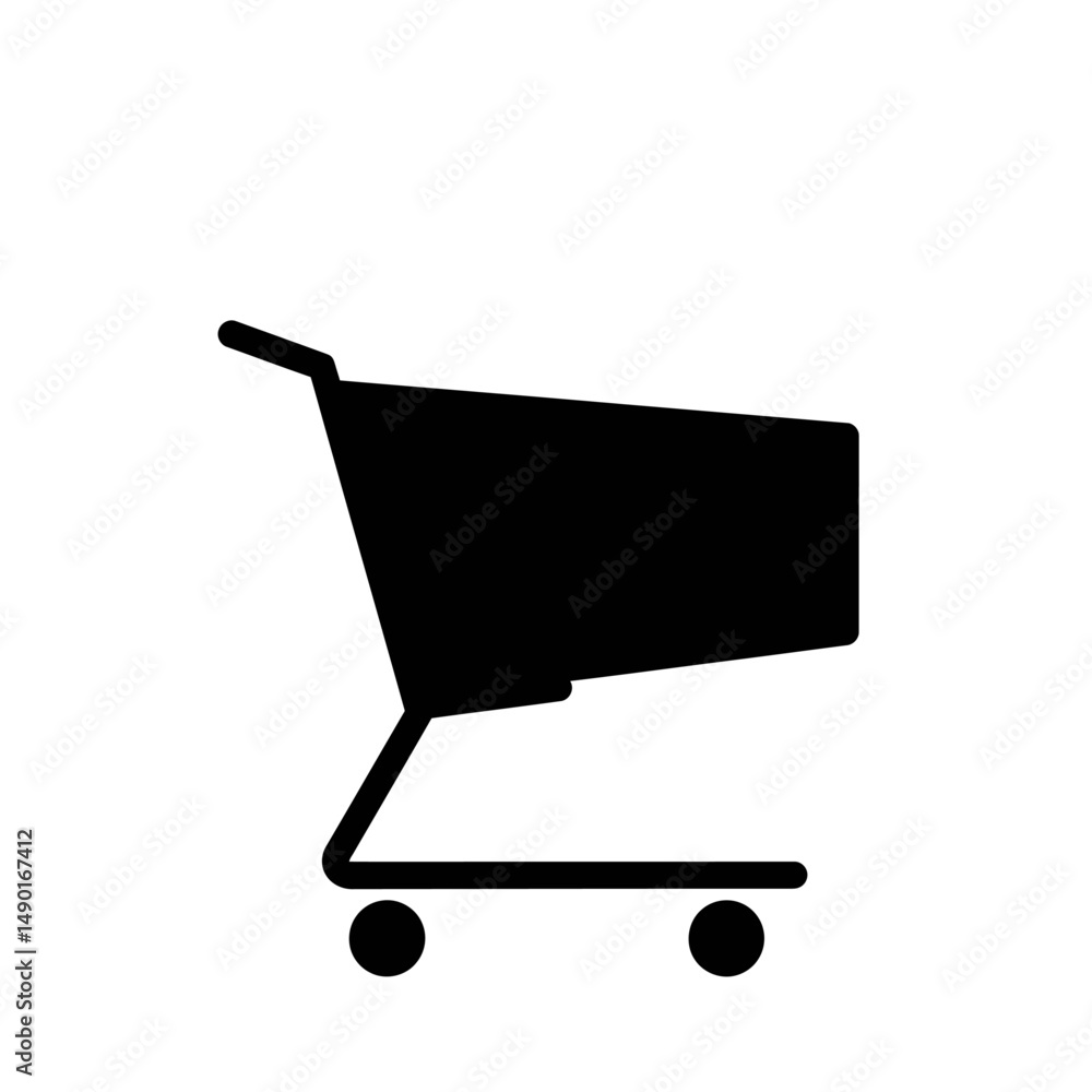 Poster a simple black silhouette of a shopping cart with a handle and wheels on a white background view fro