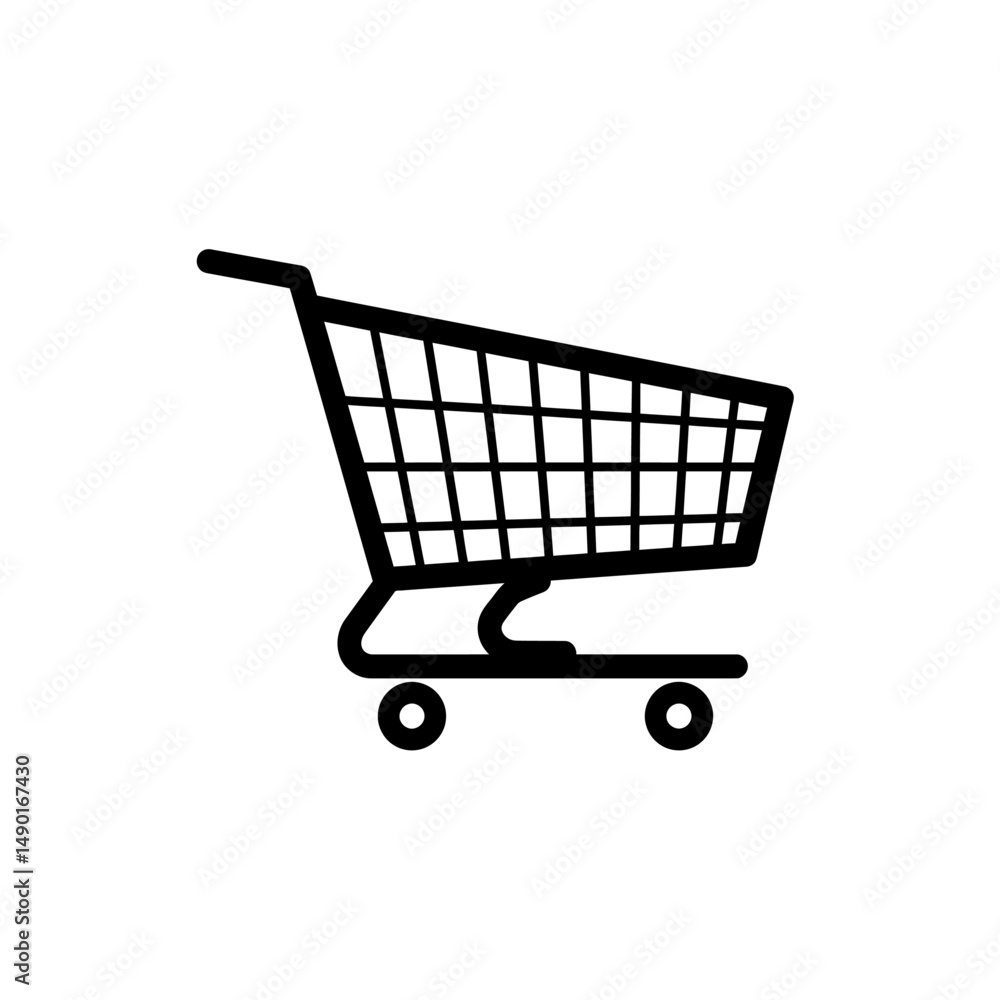 Poster a minimalistic black and white illustration of a shopping cart with a grid pattern and wheels visibl