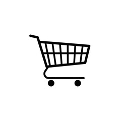 A simple black and white line drawing of a shopping cart with a handle and two wheels on white