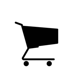 A simple black silhouette of a shopping cart with a handle and wheels on a white background view from side