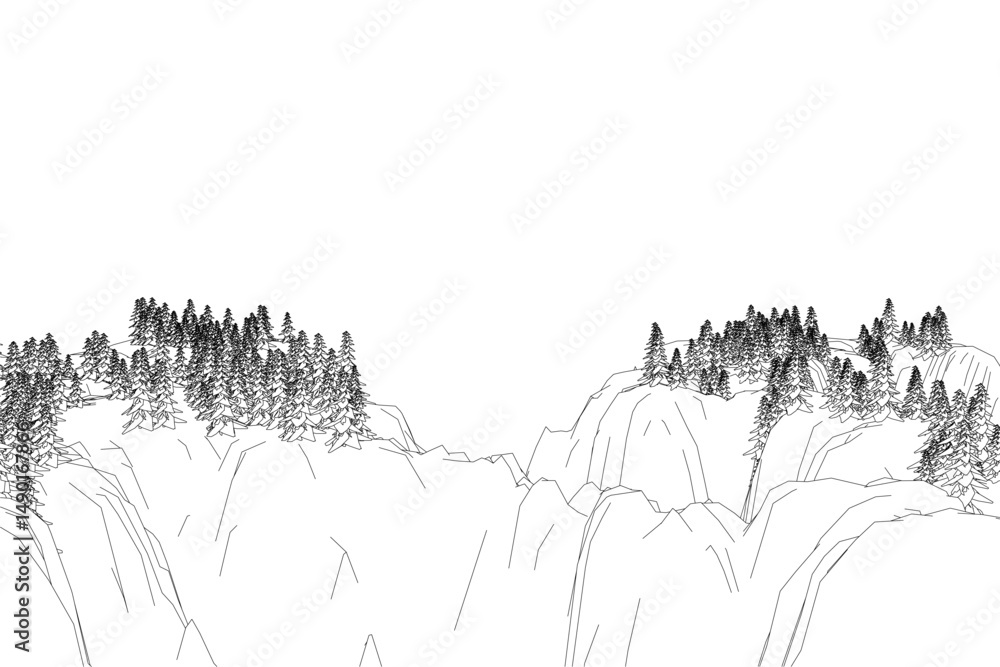 Poster a mountain range with trees in the foreground and background. the trees are sparse and the mountains