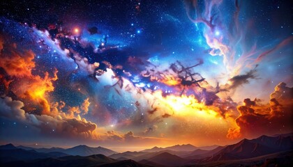 Naklejka premium Celestial Canvas: A breathtaking panorama of the cosmos, revealing a vibrant tapestry of swirling nebulae, glittering stars, and ethereal light dancing across the vast expanse.