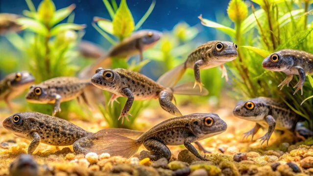 Tiny African bullfrog tadpole swims in a school in shallow water with aquatic plants, Nature photography, School of tadpoles