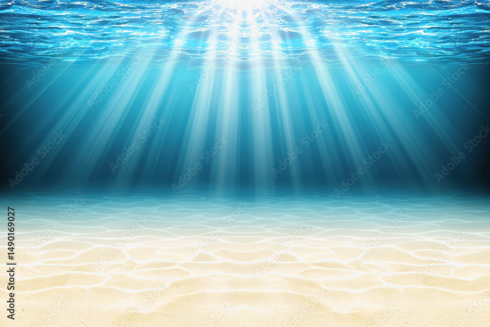 Poster serene beach scene with sunbeams breaking through clouds and soft sand creating a relaxing coastal a