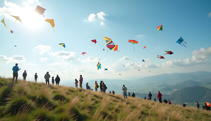 Naklejka premium Kite Festival on Hilltop: Celebration of Flight