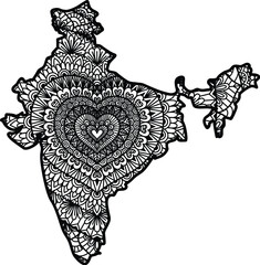 Mandala hearted shape inside India map for design element. Vector illustration.