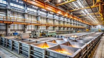 Fototapeta premium A metal production facility with a large vat of molten aluminum surrounded by chemical baths for anodizing and galvanizing processes, aluminum anodizing, metal production