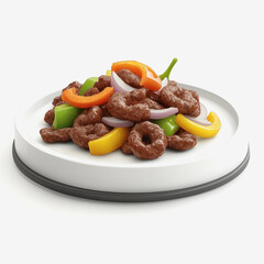 Aerial shot of a flavorful plate of mongolian beef accompanied by fresh vegetables for a satisfying meal experience