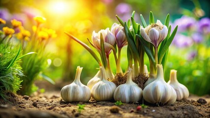 A cluster of mature garlic bulbs surrounded by lush green foliage and vibrant flowers, with a few leaves peeking out from between the soil , nature, spring