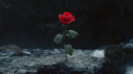 A bold red rose in high contrast against a deep black background