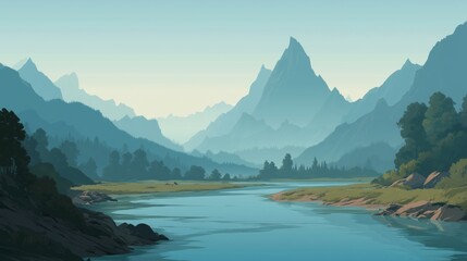 Obraz premium Stylized Mountain Landscape with River and Misty Peaks
