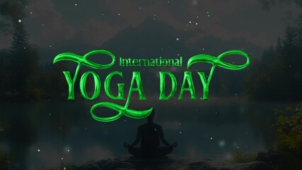 Person meditating in front of the text international yoga day. Suitable for yoga studio promotions, wellness articles, mindfulness blogs.