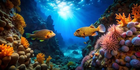 Obraz premium Sunlit Reefscape Two Spotted Fish Gracefully Swim Amidst Vibrant Coral and Sea Anemones