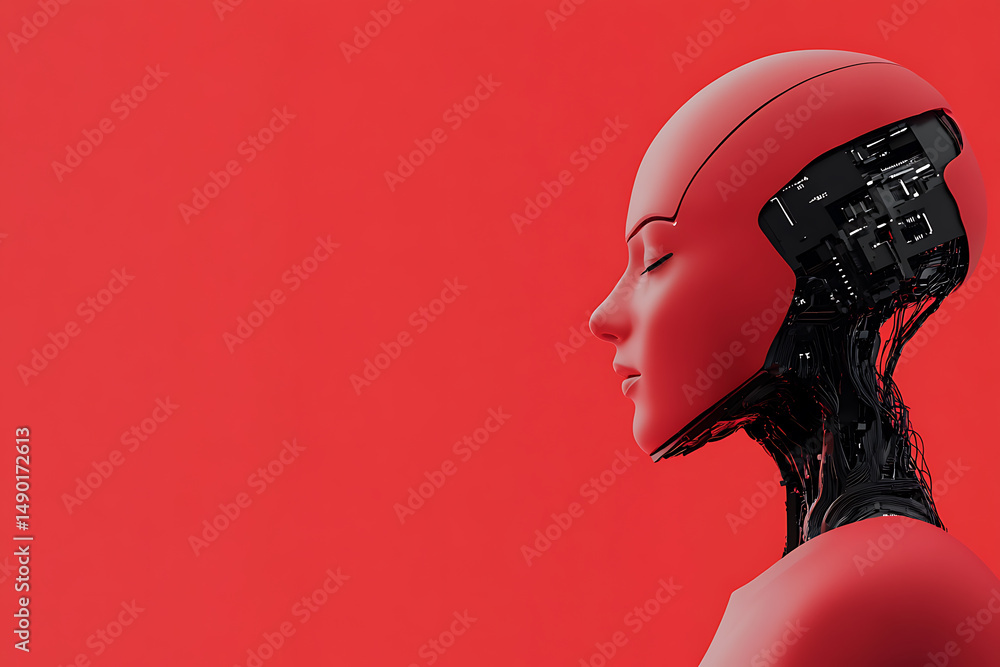 Poster red-toned image of a futuristic android with visible internal mechanisms, set against a monochrome b