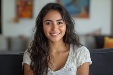 Young Latin lady sitting comfortably on comfy couch in living room, looking and smiling at camera, enjoying domestic leisure