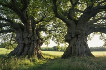 Obraz premium Majestic ancient oak trees stand side-by-side in a sunlit field, their gnarled trunks and sprawling branches creating a picturesque scene