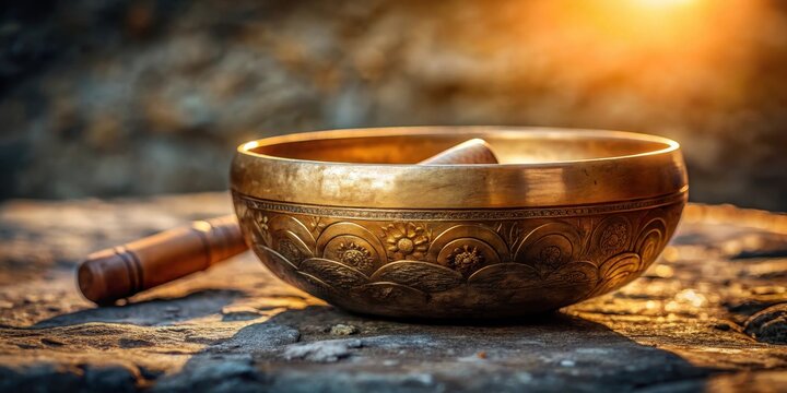 Ancient Tibetan bowl with intricate carvings emitting a soft hum on a peaceful stone background , meditation