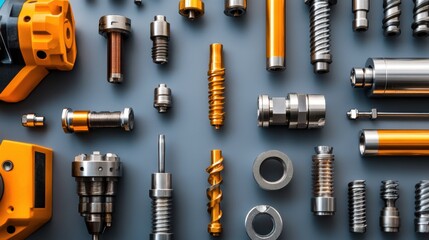 Detailed shot of oil drill bits and equipment laid out on metallic work surface