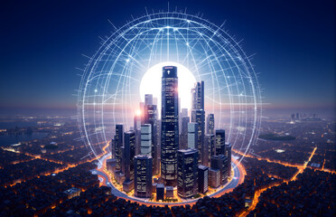 Naklejka premium Night - view of a High - tech City with Digital Overlay