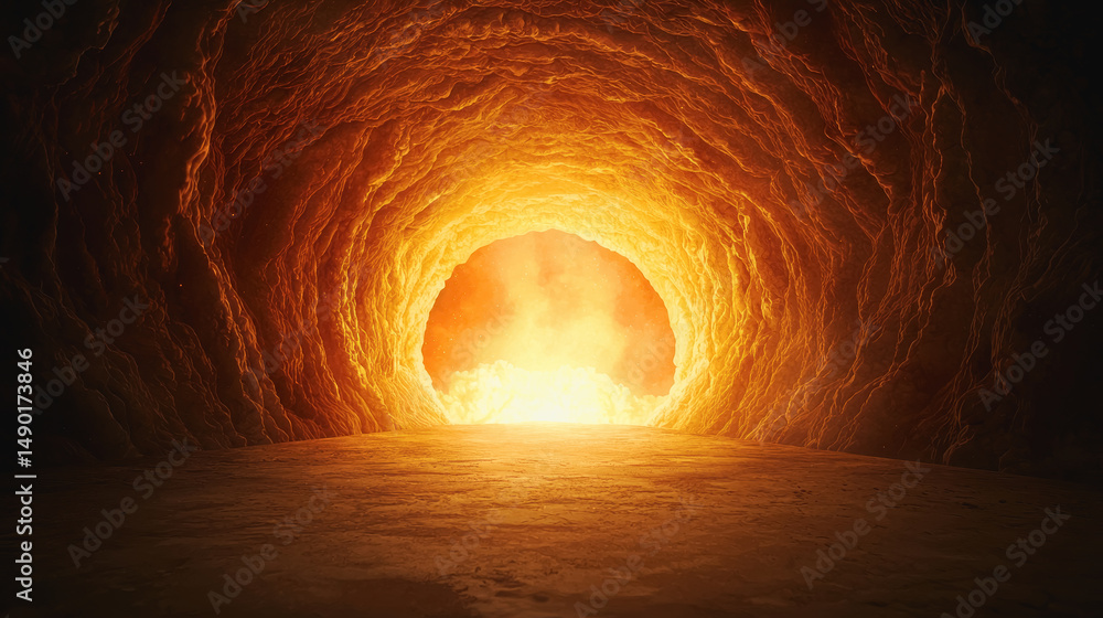 Poster mysterious dark tunnel with a bright light at the end symbolizing hope and exploration in an undergr