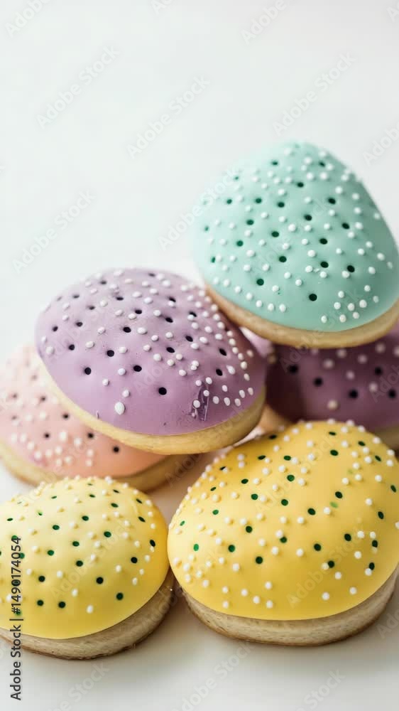 Poster a stack of colorful cookies with white icing and sprinkles. the cookies are arranged in a pyramid sh