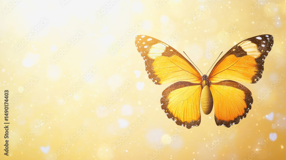 Poster graceful butterfly in flight captured mid-action against a soft background with detailed cocoon text