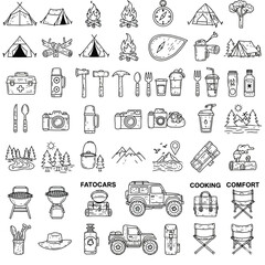A collection of camping and outdoor adventure themed line art illustrations in a doodle style