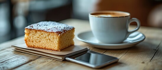 Cafe cake, coffee, phone, wood table