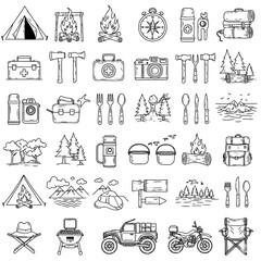 Collection of camping and outdoor adventure themed line art illustrations in black and white style