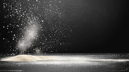 Flour being emphatically sprayed out of a container creating a dynamic cloud of dust on a blackboard surface