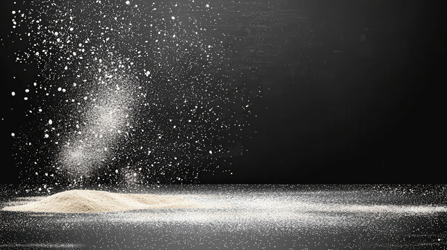 Flour being emphatically sprayed out of a container creating a dynamic cloud of dust on a blackboard surface