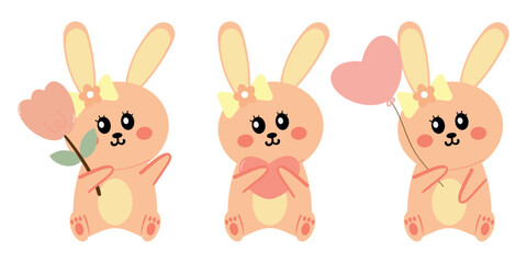 Hand drawing cartoon bunny with cute bunny holding balloons, pink hearts and tulips sticker set. cute animal drawing, doodle set