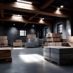 Industrial warehouse interior, filled with boxes and pallets