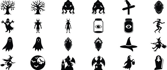 Spooky Halloween Vector Set Haunted Silhouettes of Monsters, Witches, 