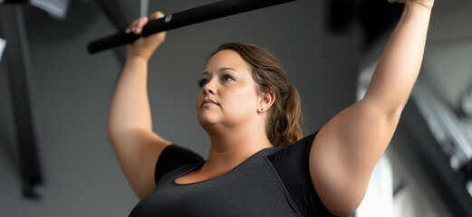 Plus size woman lifting dumbbells and training indoors at the gym, showcasing strength and determination. Generated image
