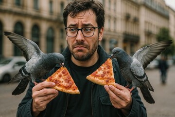 Confused man shares pizza with pigeons on city street