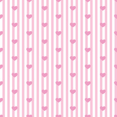 Seamless vector seamless pink pattern with vertial stripes and small hearts. Geometric striped repeating gingham texture.