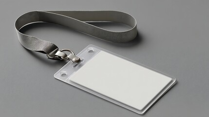 mockup of a plastic badge ID card, attached to a grey ribbon. This template caters to employees .