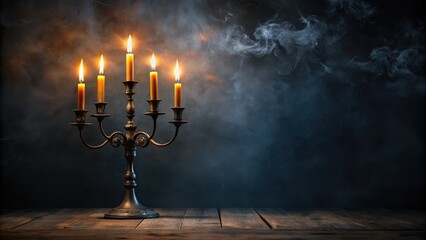 Moody atmosphere with a dark and dramatic black paper background featuring a lone candelabra with flickering flames
