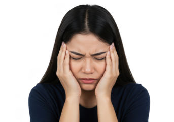 Woman with headache holding her head isolated on transparent background