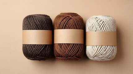 Chocolate mousse yarn skeins with blank labels for mockup on neutral beige background. Natural cotton yarn in rolls. Knitting and craft design .