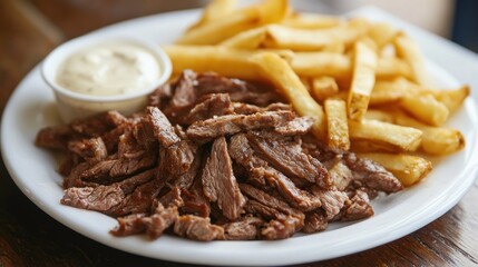 Delicious plate of sliced steak fries and creamy sauce ready to enjoy for lunch