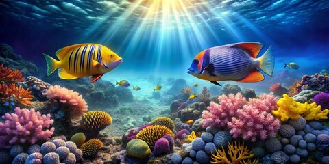 Obraz premium Vibrant Reef Scene Featuring Two Colorful Fish Swimming Amidst a Lush Coral Garden Bathed in Sunlit Water