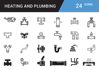 Heating and Plumbing Icons editable vector set  Boiler, Radiator, Pipe, Faucet, Thermostat, Wrench, Leak Repair, HVAC, Water Heater, Tap, Sink, Valve, Insulation