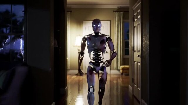 Scary robot in a damaged hallway, suitable for scifi, technology, and horrorthemed designs, digital art, and website backgrounds.