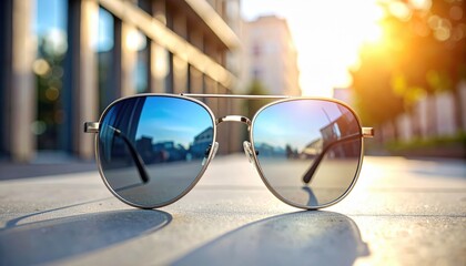 Sunglasses in Sunlight: Reflective sunglasses capture the vibrant essence of a sunny day, showcasing urban reflections and an inviting atmosphere.