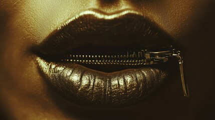 Gold lips zipped shut. Closeup.  Possible use  fashion, art, beauty